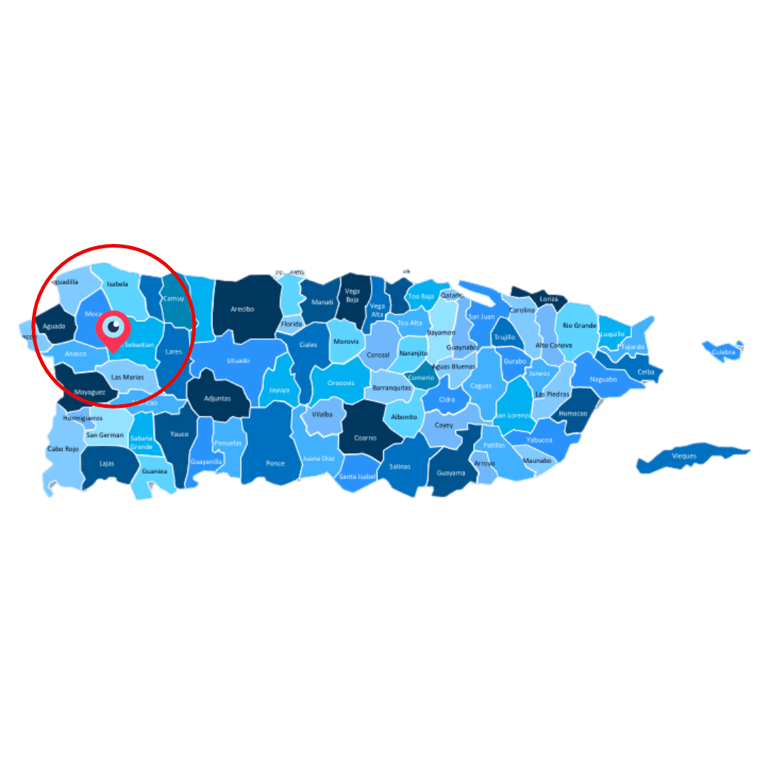 Mapa de Puerto Rico destacando con un círculo rojo área oesto donde trabaja Plomería ESM, San Sebastián, Aguada, Aguadilla Ricón